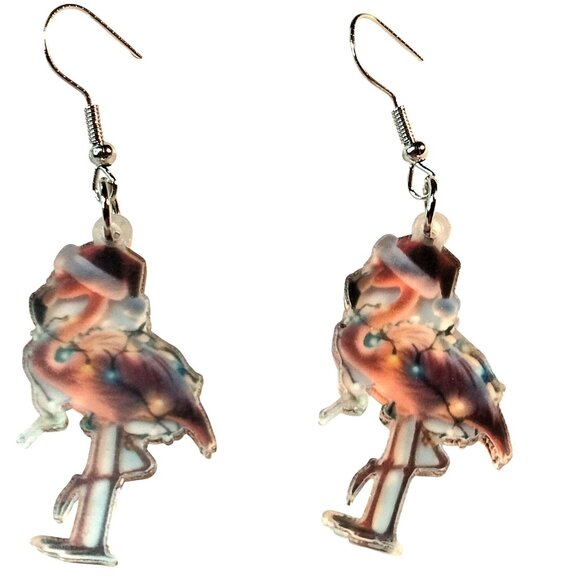 Pink Flamingo Christmas Earrings Santa Hat Wrapped in LIghts  Acrylic Dangle - Picture 1 of 8